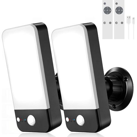 Applique Extérieure Détecteur Mouvement, 12000mAh Sans Fil, Lot de 2  422lm Dimmable, 3000K-6000K, Télécommande, Lumière Rouge de Dissuasion, Rotation 360°, Pour Garage et Jardin (1/5)