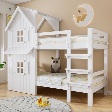 Letto a castello bambini 90x200 cm, forma a casa, sponde di sicurezza, scala, rete a doghe, in legno, senza materasso, bianco (1/5)