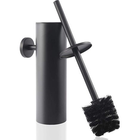 Brosse WC avec brosse de rechange et colle, brosse WC et récipient en acier inoxydable, fixation murale et support avec couvercle, accessoires de salle de bain à long manche, noir mat (1/3)