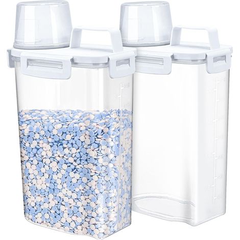 Lot de 2 distributeurs de lessive hermétiques transparents de 2,5 l avec verre doseur, boîte de rangement multifonctionnelle pour poudre à laver, parfum de linge, riz, céréales et plus encore (1/5)