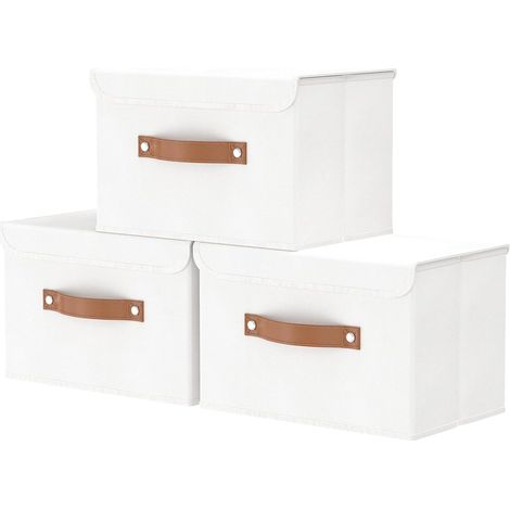 Boîte de Rangement - 3 Pièces - Lin et Carton - Pliable avec Couvercle - Pour Vêtements et Maison - 38x25x25 cm Blanche (1/5)