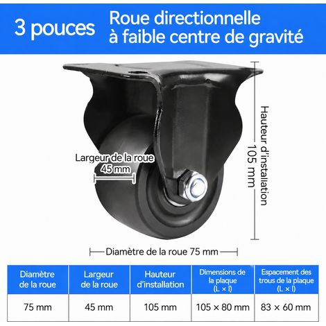 Roulette fixe industrielle à profil bas 3 pouces 75 mm en nylon charge 300 kg 3 45mm 300kg 105mm 10 × 8 × 10 cm 580 g – Livraison gratuite
