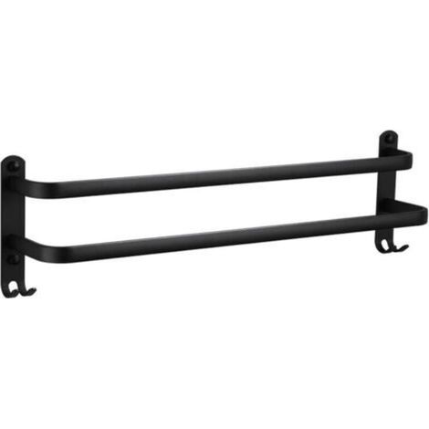 Porte-serviettes mural 2 niveaux en aluminium noir étanche – 30 cm, avec crochets intégrés pour salle de bain et cuisine (1/4)