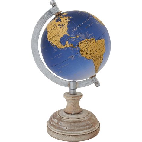 Mappamondo Blu con piedistallo in legno girevole sull'asse decorazione moderna h 24 cm