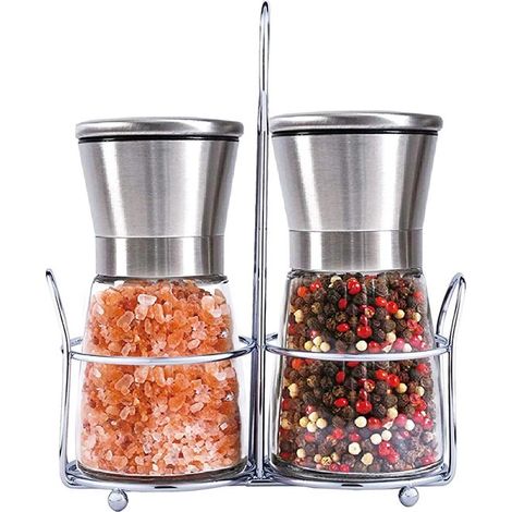 Set di 2 macinapepe e macinasale con supporto in acciaio inox per pepe, sale e altre spezie, ricaricabile, macina spezie manuale, 6,8 x 13,5 cm, colore argento (1/5)