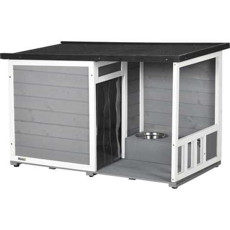 Cuccia per cani in legno con terrazza, tetto in bitume, 2 ciotole, grigia, 103 x 62 x 66 cm (1/4)