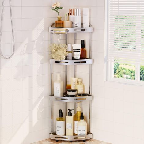 Étagère de douche d'angle à 4 niveaux avec porte-savon, support antirouille pour rangement de shampooing de salle de bain, argenté (1/5)