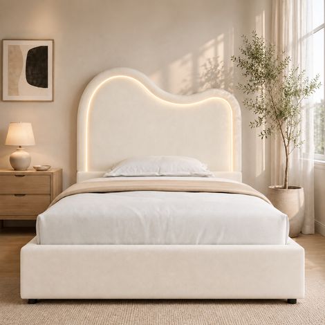Lit enfant coffre hydraulique 90x200 cm avec sommier à lattes, tête de lit nuage LED, grand rangement, velours – Beige (1/5)
