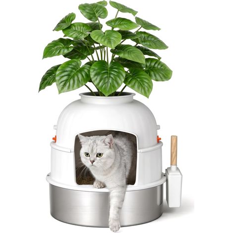 Bac à Litière pour Chat en Acier Inoxydable XXL, Litière Cachée Design Pot de Fleur avec Plante (1/5)