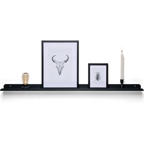 TOJ Living Étagère murale pour vinyles & cadres – Étagère à tableaux / tablette murale flottante – Acier inoxydable – 120 cm – noir mat (1/4)
