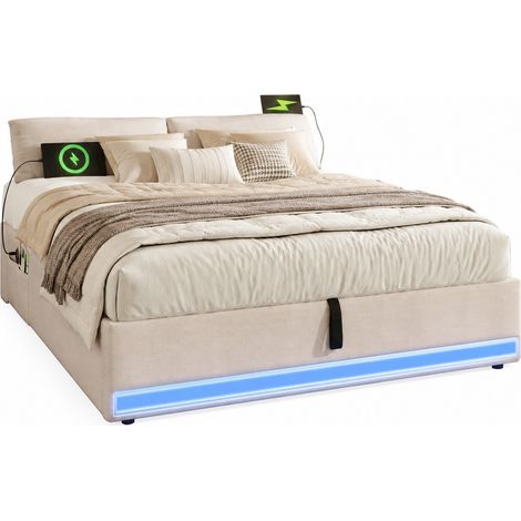 letto 140x200 contenitore beige con LED, USB, Type-C e tasche senza testiera - CHICFURN (1/5)