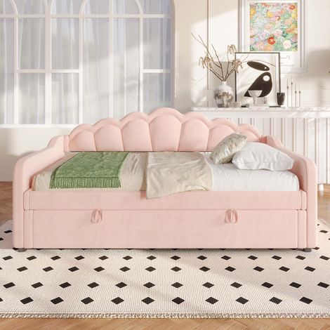 Lit banquette 90x200 cm avec rangement hydraulique, LED multicolore télécommandée, tête de lit ondulée, velours rose, sans matelas (1/5)