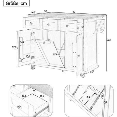 Kücheninsel mit Rollen, Ausziehbarer Essbereich Kücheninsel mit Abfallbehälterfach und Schubladen, Mobile Kücheninsel Ideal für Küche und Esszimmer (Schwarz) (1/5)