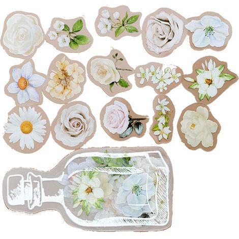 35 Stück hübsche, transparente PET-Aufkleber mit weißen Blumen für DIY-Scrapbooks, Planer und Kalender. (1/5)