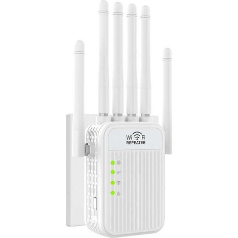 Répéteur WiFi, Puissant amplificateur de Signal WiFi, 6 antennes, 2 Port LAN, WiFi/Extender 2,4 GHz, Couverture jusqu'à 1200 m², idéal pour Le Bureau et la Maison, Installation Facile (1/4)