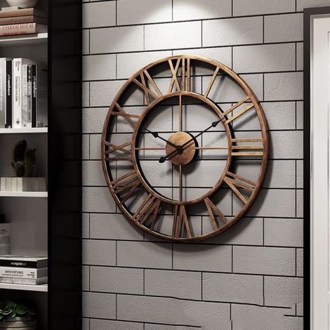 Horloge Murale Metal avec Chiffres Romains, Prime Pendules Murale Vintage, Silencieuse, Noir, 60CM (1/4)