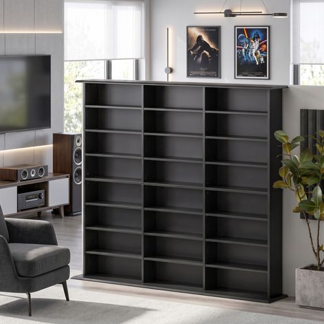 Meuble de rangement 1032 CDs / 594 DVDs, étagère multimédia, 24 compartiments et 18 étagères ajustables, noir (1/5)