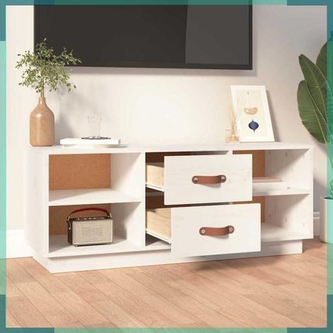 818226 Meuble TV Blanc 100x34x40 cm Bois de pin massif (1/5)