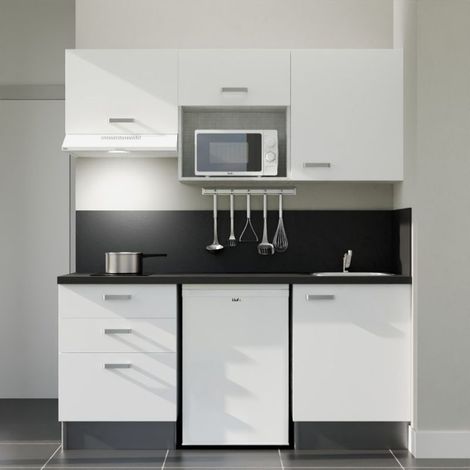 Kochnischen K20L-PT - 180 cm - Laminatplan, spüle Edelstahl, - Weiße Front - strukturierte schwarze Arbeitsplatte - Kredenzen ja + Haushaltsgeräte weiß (1/5)