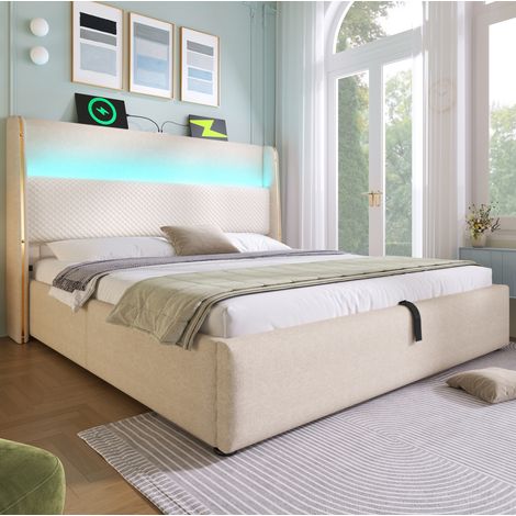 Cama de matrimonio 140x200 cm con cabecero alto, lino beige, LED, USB/Type-C y colchón (1/5)