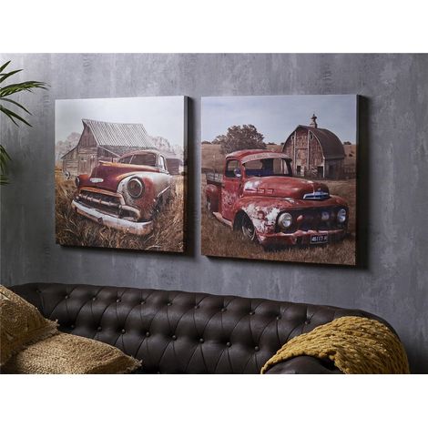 Lienzo Impr. Camionetas Vintage Granja 50% Oleo 60X60 Cms S/2. 60X3X60 Cms (1/3)