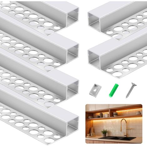 Profilé LED Encastrable Aluminium 1 m, Lot de 6, à Aile Unique, Profilé LED Invisible avec Diffuseur Opale, Compatible Ruban LED jusqu’à 13 mm, Mur et Plafond (1/5)