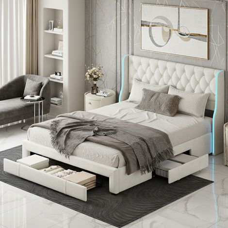 Lit 160x200 avec sommier, lit double avec espace de rangement et éclairage LED, tête de lits élégante, 3 tiroir, lit 2 personnes pour adultes et adolescents, velours beige, sans matelas (1/5)