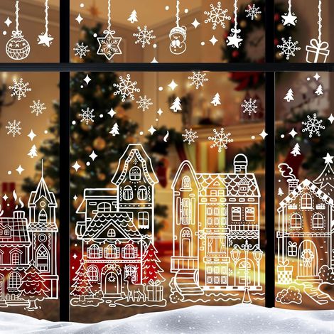 4 Feuilles Grandes Autocollants Fenêtre Noël s 70x40cm, Double Face Stickers NoëL Fenetre PVC avec Renne, Sapin, Guirlande - Décorations Vitrine pour Intérieu, Façades en Verre (1/5)