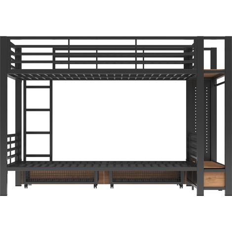 Hochbett 90 x 200 cm aus Metall und MDF mit Stauraum, Kleiderstange, Regalen und LED (1/5)