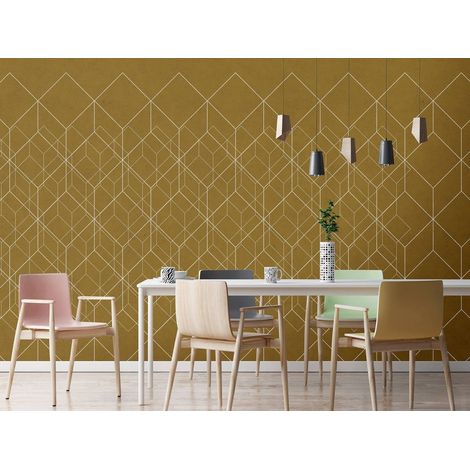 Papier peint panoramique marron géométrique | Tapisserie panoramique graphique motif cube | Papier peint panoramique idéal salon & couloir - 270 x 400 cm (4 pièces) (1/5)