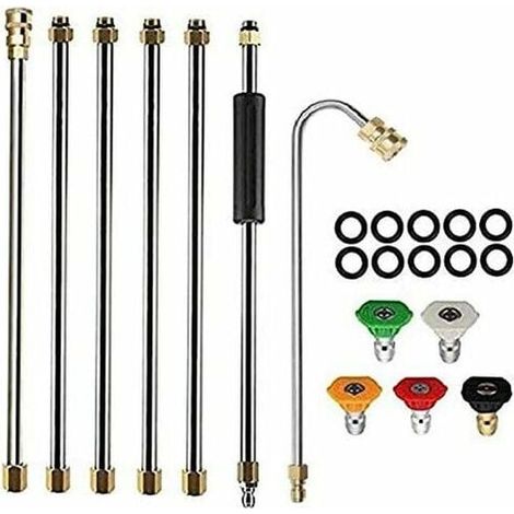 Outil De Nettoyage De Gouttières - Extension Lance Nettoyeur Haute Pression Jusqu'à 4000 PSI - Compatible Avec Raccord M22 14 mm - 7 Tiges (6 Droites + 1 Courbée) + 5 Buses - 1 Pièce