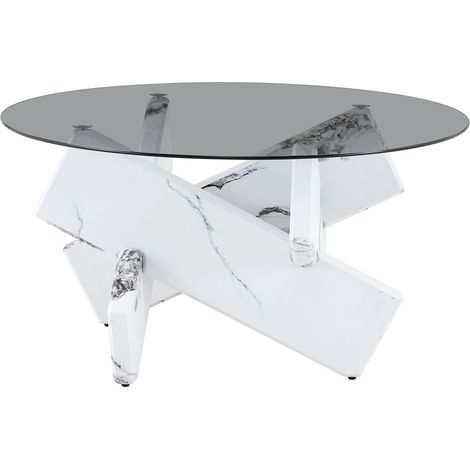 Table basse ronde en verre trempé avec piètement design en MDF ou aspect marbre, Ø 79 cm, hauteur 45 cm (1/5)