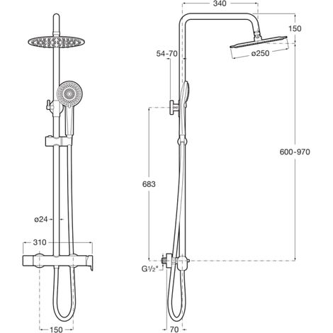 Roca – Colonne de douche hydromassante à hauteur réglable – Pomme de douche ø250 mm – Douchette à main 3 fonctions – Flexible 1,5 m – Noir mat