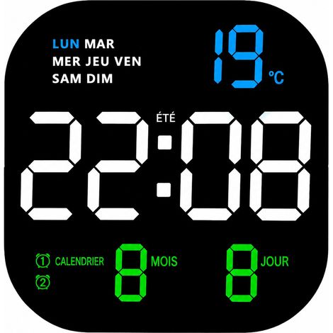 Horloge murale et réveil digital LED carré tricolore avec thermomètre et calendrier réf 8990 700 g – Livraison gratuite