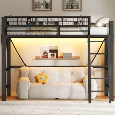 Cama alta 90/200 cm negra de metal con LED y cesta de almacenaje (1/5)