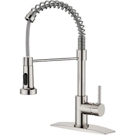 Robinet de cuisine en nickel brossé, design commercial avec douchette rétractable (1/5)