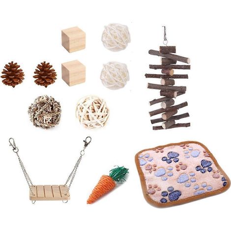 Kaninchenspielzeug-Set zum Beißen für Kleintiere, Meerschweinchenkäfig-Schaukelspielzeug, 12-teilig