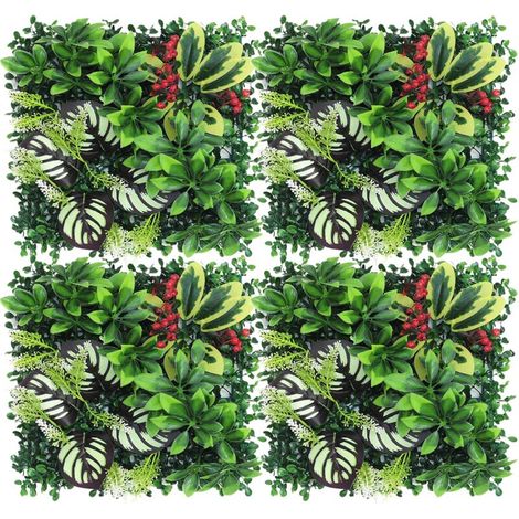 Lot de 4 murs végétaux artificiels, haies artificielles, clôture décorative et intimité, fond mural de fleurs artificielles, 25 x 25 cm (1/5)