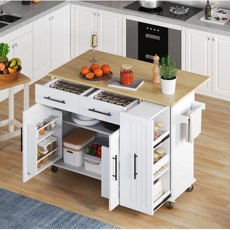 Isla de cocina 120/40(65)/90 cm en blanco y natural con hoja abatible y organizador extraíble de 3 niveles (1/5)