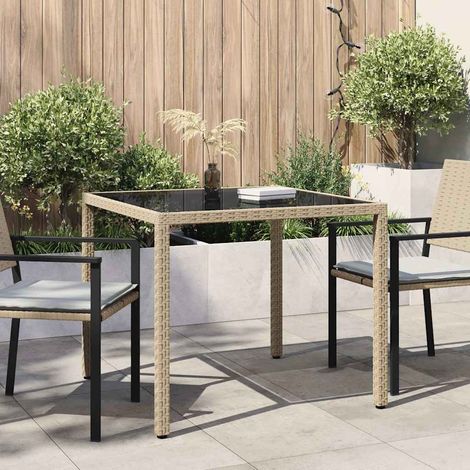 vidaXL Table de jardin 90x90x75cm Verre trempé et résine tressée Beige (1/5)