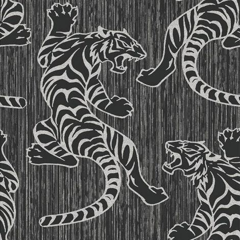 DISCONTINUED Tiger Wallpaper Animal Print Glitter Metallic Shiny Silver Black Textured Vinyl (1/4)