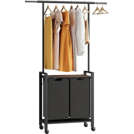 Collecteur de linge 2 compartiments, panier à linge avec rangement, 2x49 L, paniers à linge, trieur de linge avec portemanteau de garde-robe, sac à linge extensible 75x33x177cm (1/5)