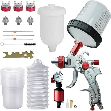 HVLP Pistolet à Peinture avec 3 Buses de 1,4 mm, 1,7 mm, 2,0 mm, avec gobelet en Plastique de 600 ML, 10 gobelets jetables de 600 ML, Pistolet (Rouge) (1/5)