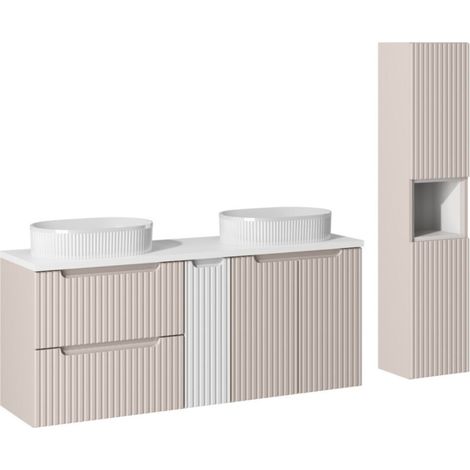 Insieme VANO cachemire e bianco 170cm: mobili sotto lavabo con cassetti e armadietti + lavabi da appoggio scanalati + colonna