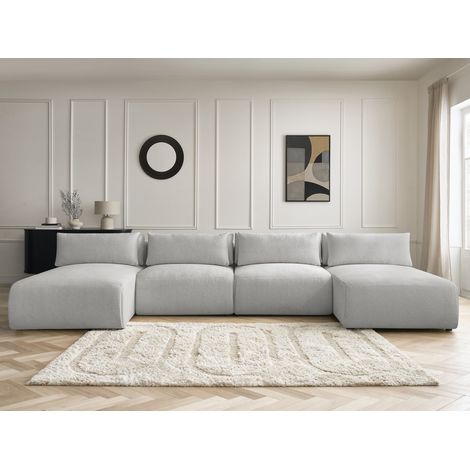 BOBOCHIC - Canapé panoramique fixe modulable avec têtières JANA tissu chiné avec 2 méridiennes et 2 chauffeuses   Gris clair