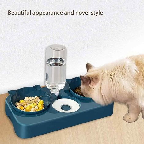 Longziming - Distributeur automatique 3 en 1 de nourriture et d'eau pour chats – Bac à litière inclinable, amovible et adapté aux chiens et chats de petite et moyenne taille (Bleu) (1/5)
