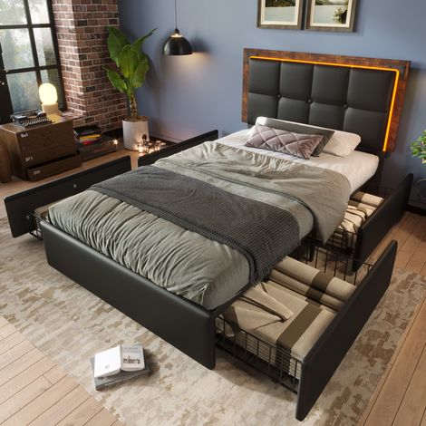 Bett Bettgestell Stauraum 90x200 LED Kunstleder OKMYHOME (1/5)