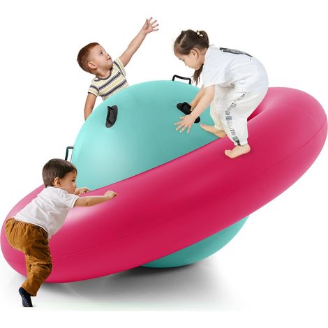 COSTWAY Aufblasbare Kuppelwippe für Kinder, 223 cm große Kinderwippe zum Rollen, Neigen, Klettern & Hüpfen mit 6 integrierten Griffen, Outdoor-Wippe für Kinder ab 5 Jahren Rosa + Grün (1/5)