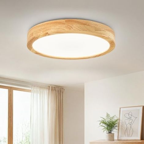 Plafonnier LED en bois naturel, ∅30cm - plafonnier rond, lumière blanche, facile à installer, convient aux chambres, salons, cuisines et couloirs.