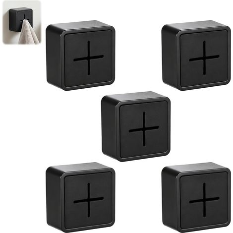 5 x Adhesive Kitchen Towel Hooks, Black Silicone Self-Adhesive Wall Clips for Towels and Cloths, No Drilling, Waterproof for Bathroom and Camping (1/5)